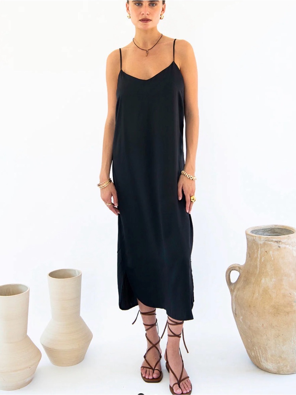 $199 NWT Neu Nomads Easy Slip Dress Black Satin Tencel Sz XS